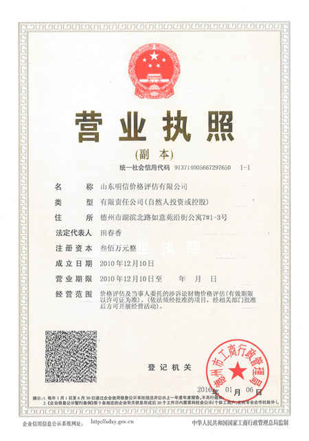 山東明信價(jià)格評(píng)估有限公司營業(yè)執(zhí)照