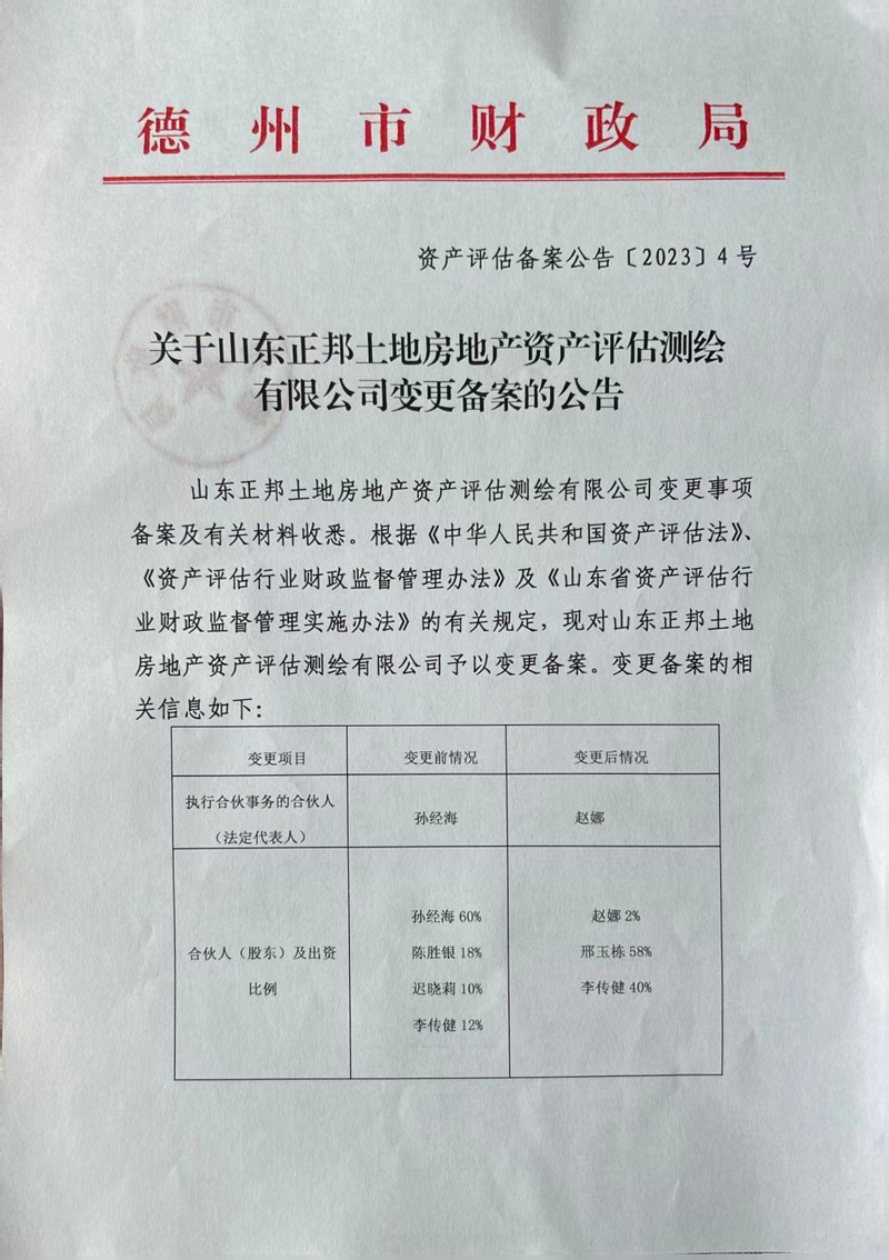 關(guān)于山東正邦土地房地產(chǎn)資產(chǎn)評(píng)估測(cè)繪有限公司備案變更公告
